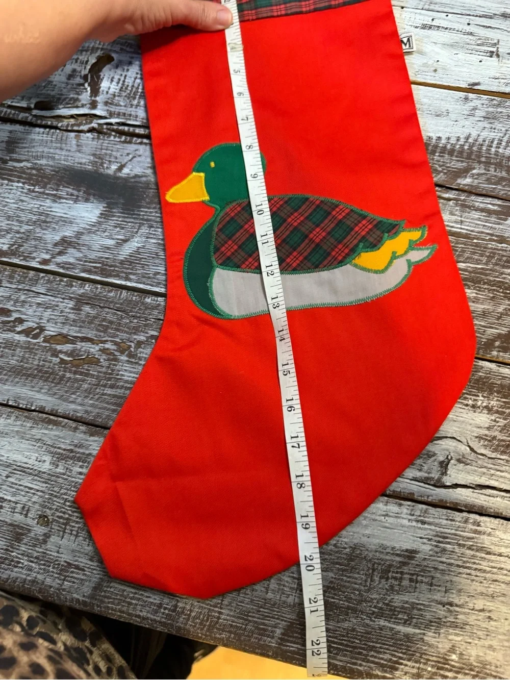 Source Unknown Red Christmas Stocking with Plaid Duck Applique